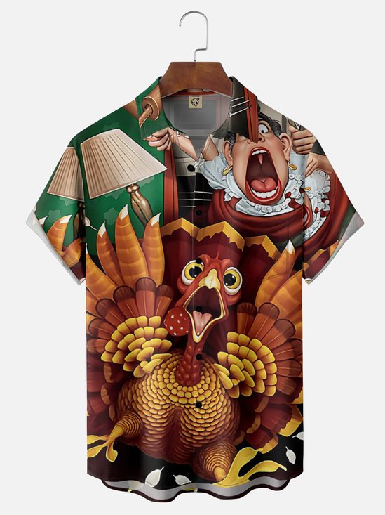 Moisture Wicking Funny Thanksgiving Turkey Chest Pocket Hawaiian Shirt