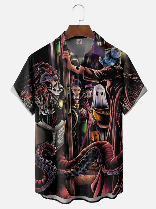 Moisture Wicking Halloween Spooky Pumpkin Monster Chest Pocket Hawaiian Shirt