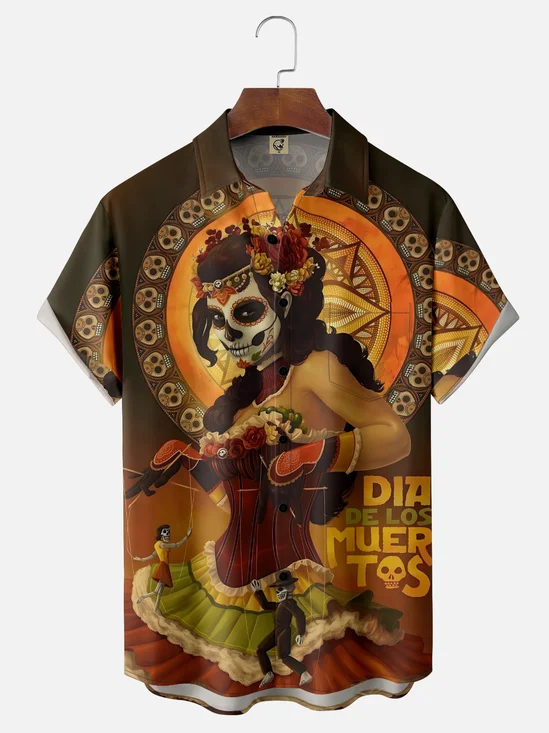 Moisture-wicking Day Of The Dead Skeletons Chest Pocket Casual Shirt