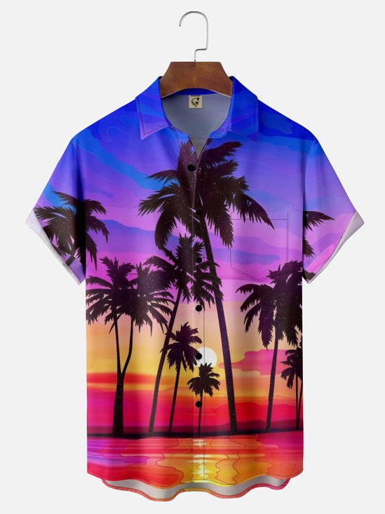 Moisture-wicking Coconut Tree Gradient Color Chest Pocket Hawaiian Shirt