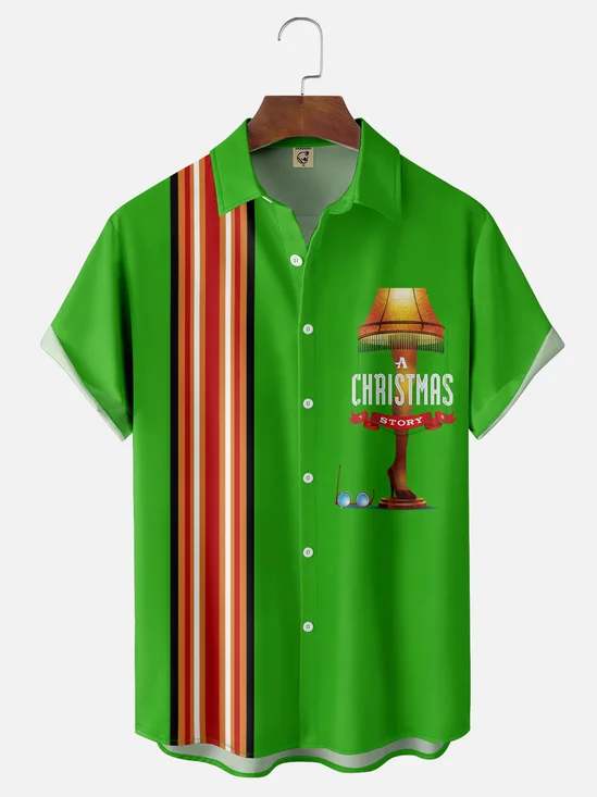 Moisture-Wicking Christmas Holiday Thigh Light Chest Pocket Bowling Shirt