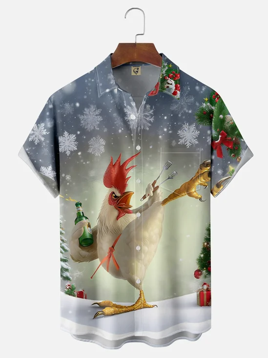 Moisture-Wicking Gradient Christmas Kung Fu chicken Christmas Tree Snowflake Chest Pocket Hawaiian Shirt
