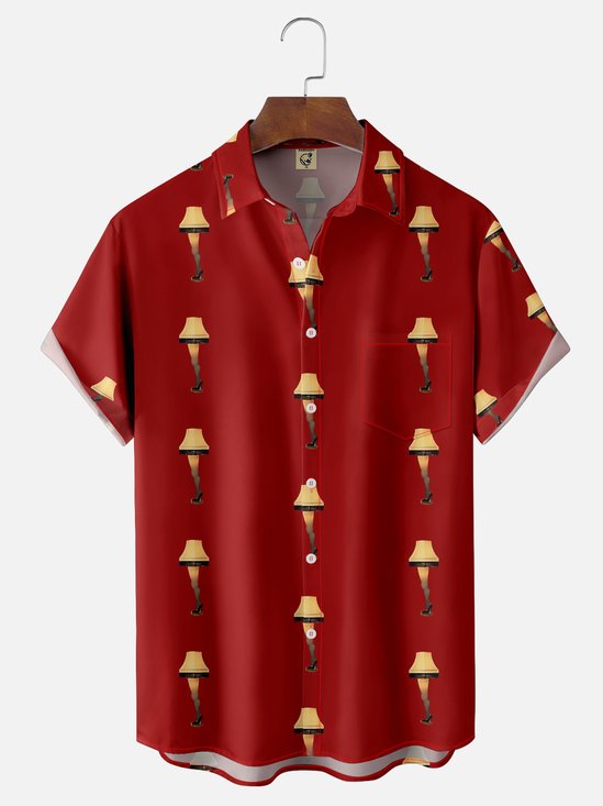 Moisture-Wicking Christmas Holiday Thigh Light Chest Pocket Hawaiian Shirt