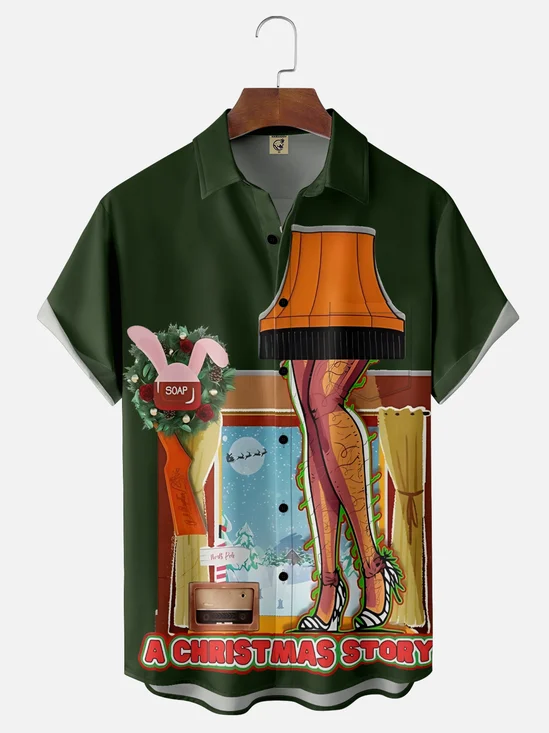Moisture-Wicking Christmas Story Thigh Light Chest Pocket Hawaiian Shirt
