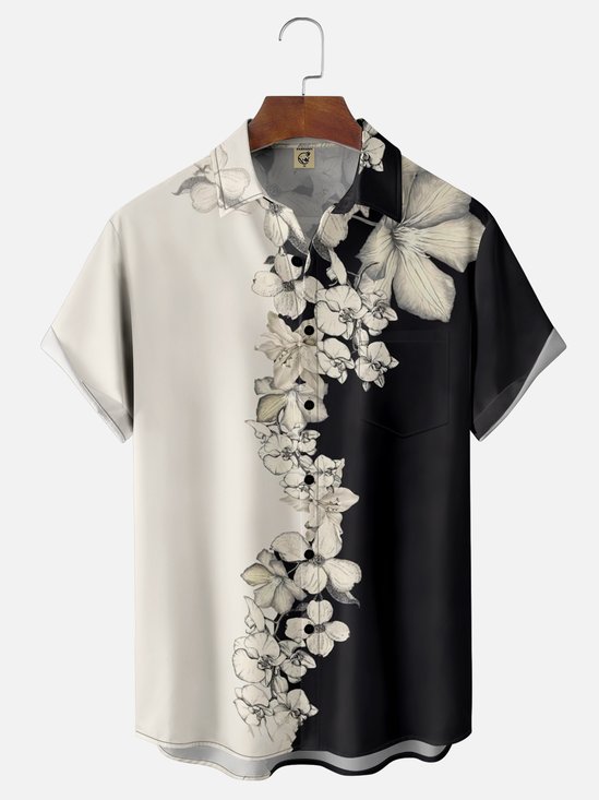 Moisture Wicking Contrast Floral Chest Pocket Hawaiian Shirt