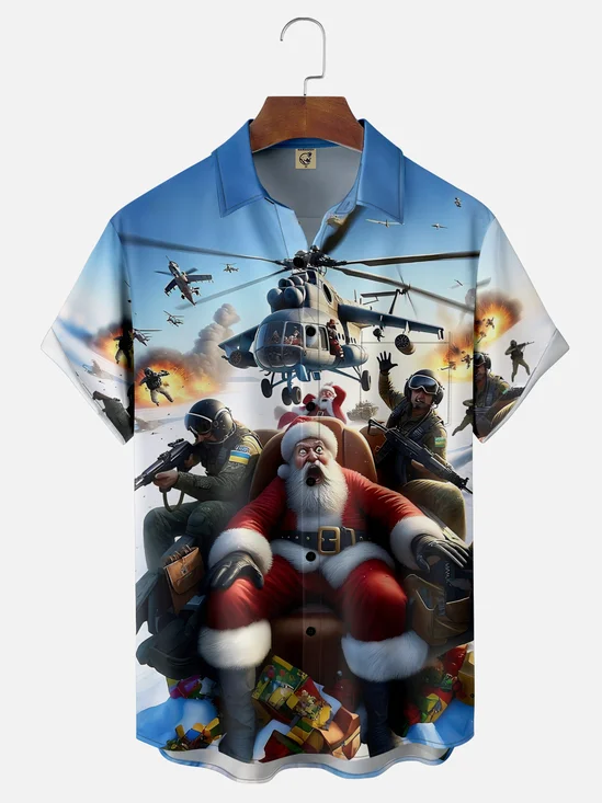 Moisture-Wicking Santa Claus Fighter Chest Pocket Hawaiian Shirt