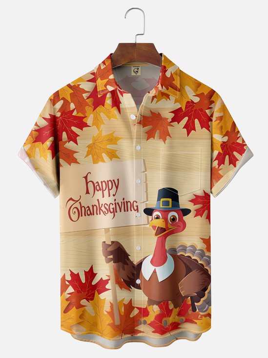 Moisture-Wicking Thanksgiving Turkey Maple Leaf Chest Pocket Hawaiian Shirt