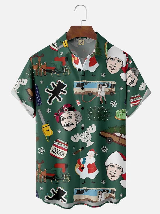 Moisture-Wicking Christmas Holiday Santa Lights Elk Chest Pocket Hawaiian Shirt