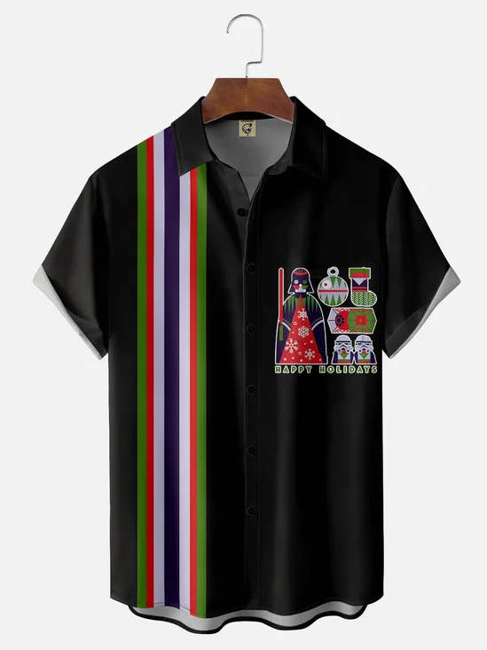 Moisture-Wicking Christmas Star Robot Geometric Chest Pocket Bowling Shirt