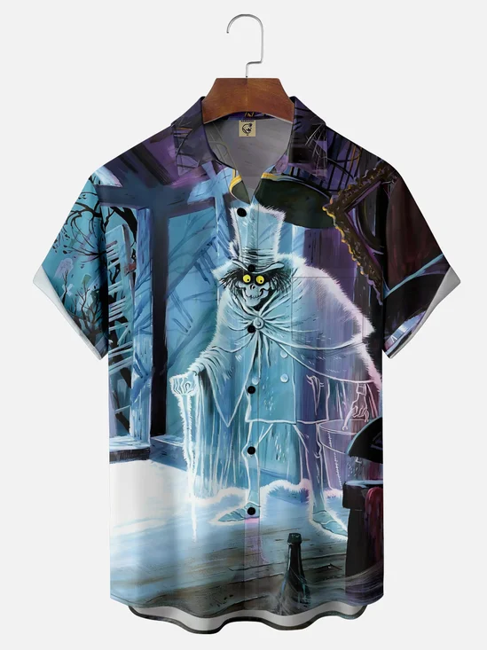Moisture-Wicking Halloween Ghost Chest Pocket Hawaiian Shirt