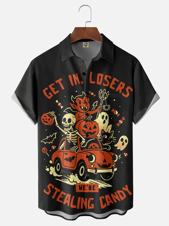Hardaddy x Eduely Moisture-wicking Fun Halloween Ghost Pumpkin Skull Chest Pocket Casual Shirt