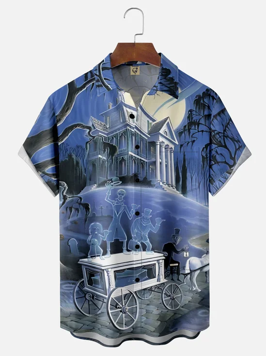 Moisture-Wicking Halloween Ghost Castle Chest Pocket Hawaiian Shirt