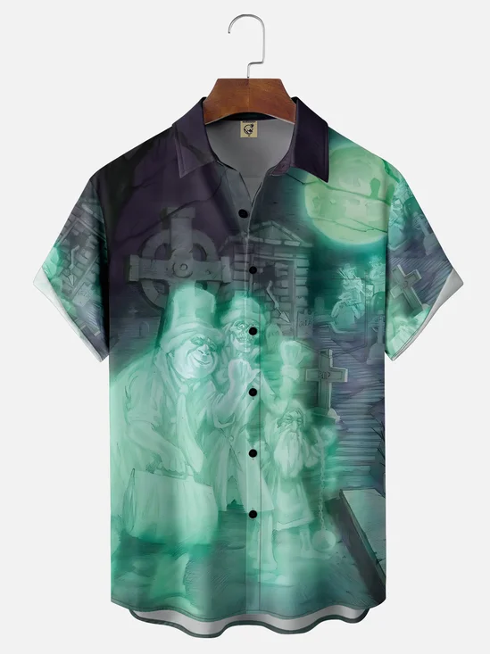 Moisture-Wicking Halloween Ghost Chest Pocket Hawaiian Shirt