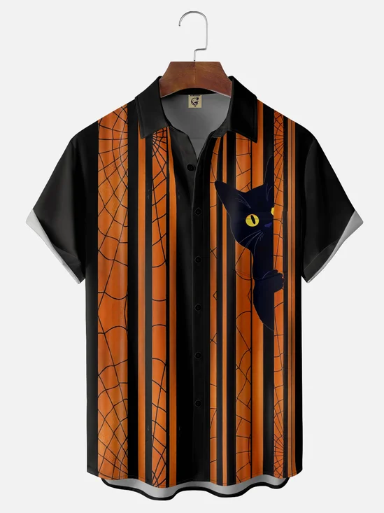 Moisture Wicking Halloween Striped Cat Breast Pocket Bowling Shirt