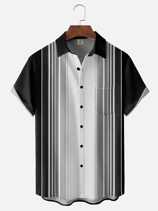 Moisture Wicking Ombre Stripe Chest Pocket Bowling Shirt