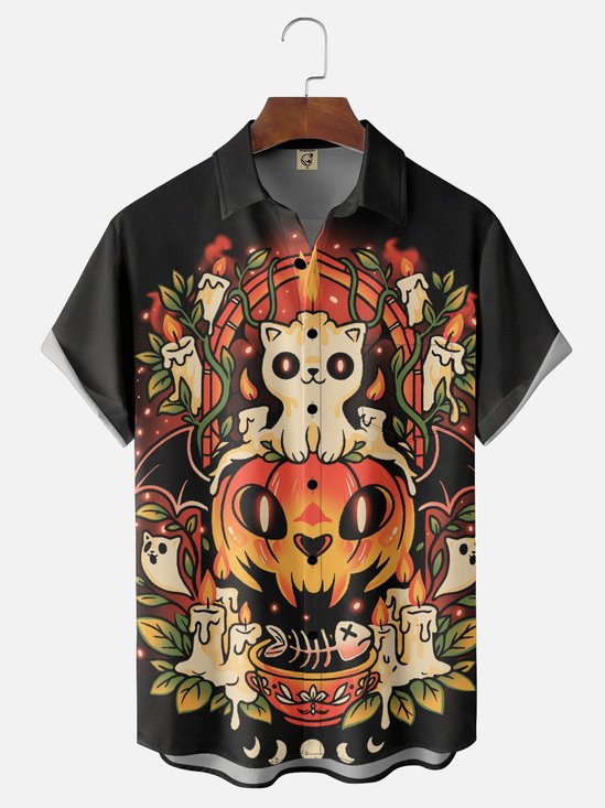Hardaddy x Eduely Moisture-wicking Fun Halloween Pumpkin Skull Chest Pocket Casual Shirt