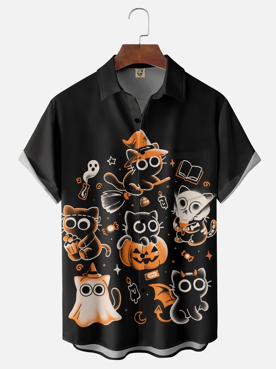 Hardaddy x Eduely Moisture-wicking Fun Halloween Cat Ghost Pumpkin Chest Pocket Casual Shirt