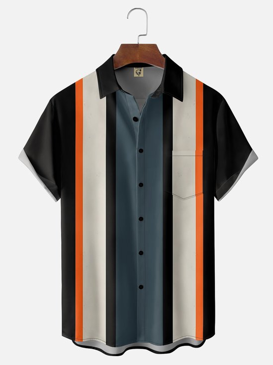 Moisture-wicking Striped Chest Pocket Bowling Shirt