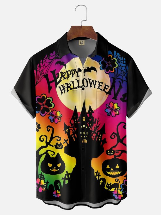 Moisture Wicking Halloween Happy Chest Pocket Hawaiian Shirt
