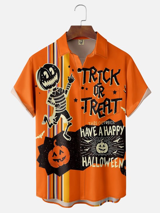 Moisture Wicking Halloween Pumpkin Ghost Chest Pocket Hawaiian Shirt