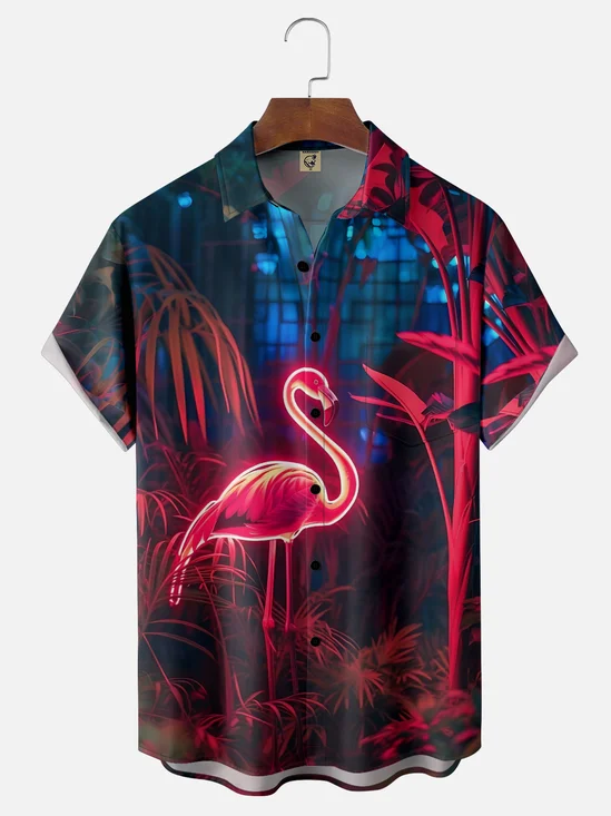 Moisture-wicking Palm Tree Flamingo Chest Pocket Hawaiian Shirt