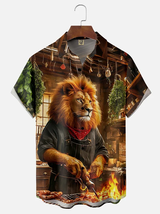Moisture-Wicking Lion BBQ Chest Pocket Hawaiian Shirt
