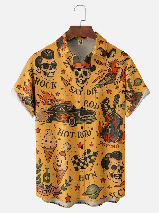 Moisture-wicking Vintage Skull Tattoo Art Halloween Chest Pocket Casual Shirt