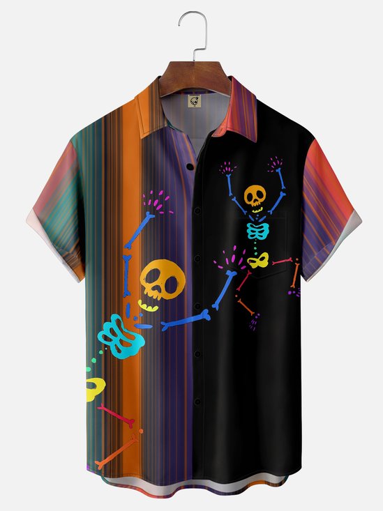 Moisture-wicking Halloween Skeleton Fun Chest Pocket Casual Shirt