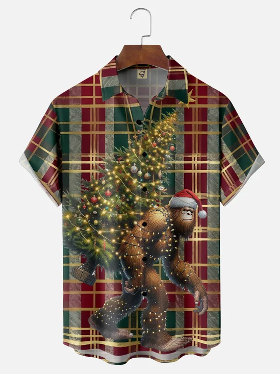 Moisture-Wicking Bigfoot Christmas Tree Lights Plaid Chest Pocket Hawaiian Shirt