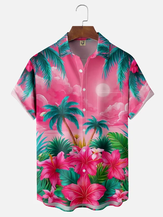 Moisture-wicking Palm Tree Chest Pocket Hawaiian Shirt