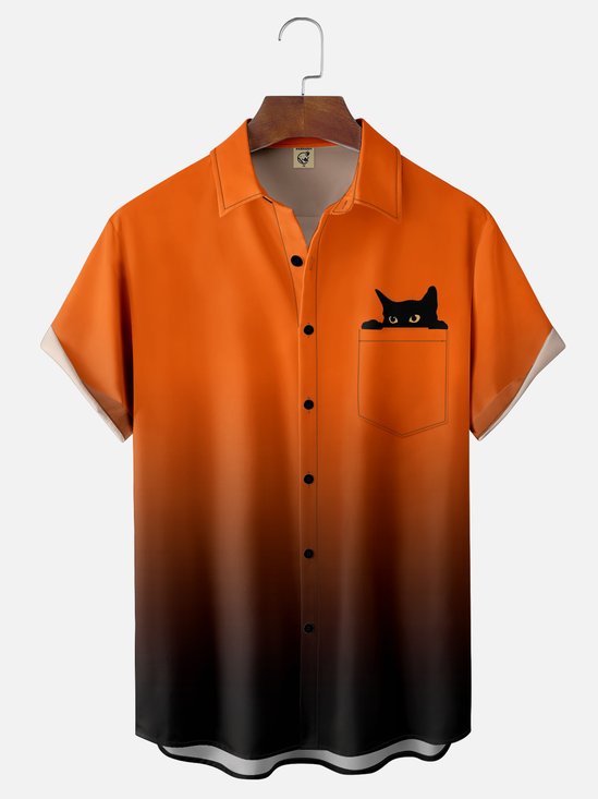 Moisture-wicking Halloween Black Cat Gradient Color Chest Pocket Casual Shirt