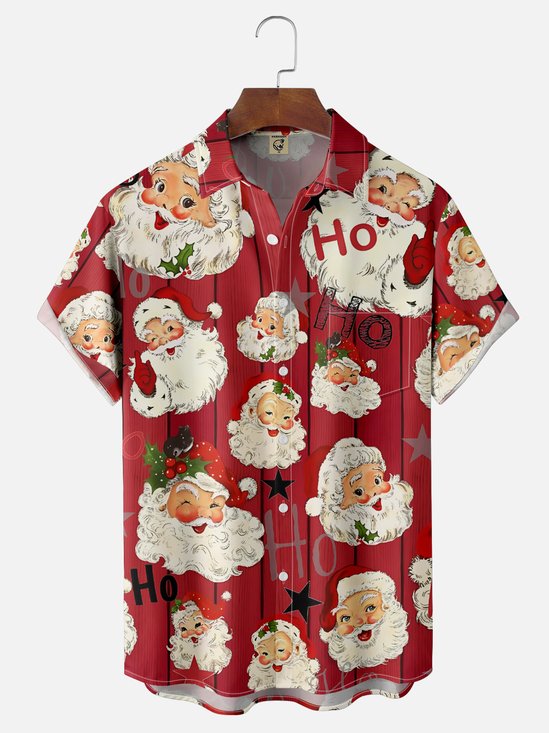 Moisture Wicking Christmas Santa HO Chest Pocket Hawaiian Shirt