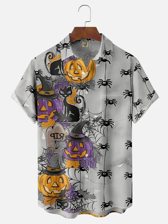 Moisture Wicking Halloween Pumpkin Spider Mao Chest Pocket Hawaiian Shirt