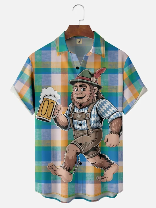 Moisture-Wicking Bartender Uniform With Bigfoot Beer Plaid Chest Pocket Hawaiian Shirt
