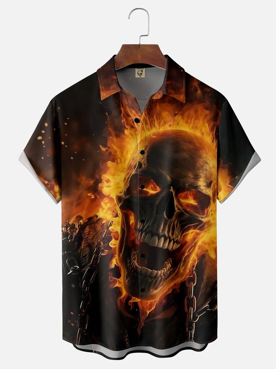 Moisture-wicking Flaming Skull Art Halloween Chest Pocket Casual Shirt