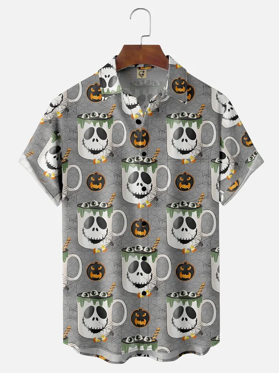 Moisture Wicking Halloween Pumpkin Ghost Chest Pocket Hawaiian Shirt