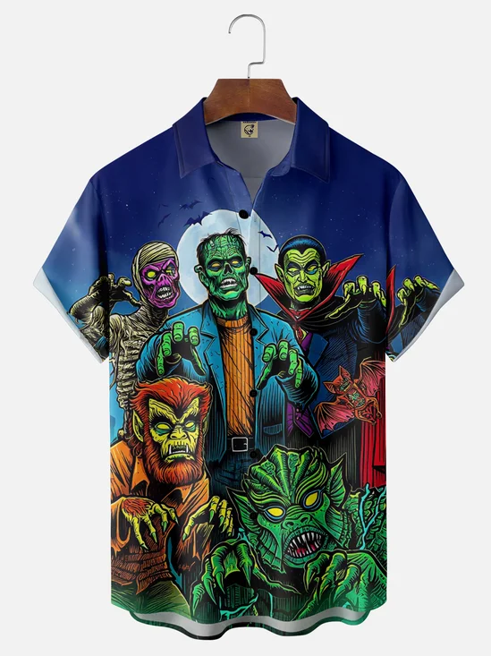 Moisture Wicking Halloween Monsters Chest Pocket Hawaiian Shirt