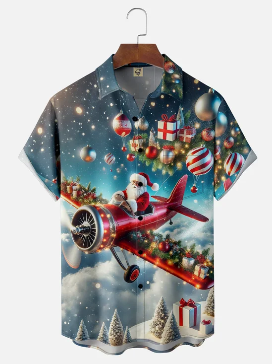 Moisture-wicking Christmas Santa Claus Chest Pocket Holiday Shirt