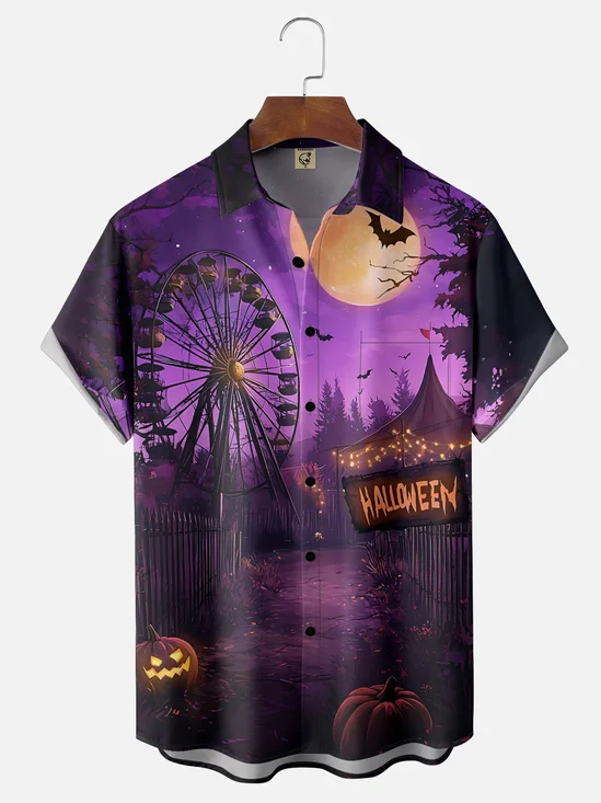 Moisture-wicking Halloween Pumpkin Ferris Wheel Scenery Chest Pocket Casual Shirt