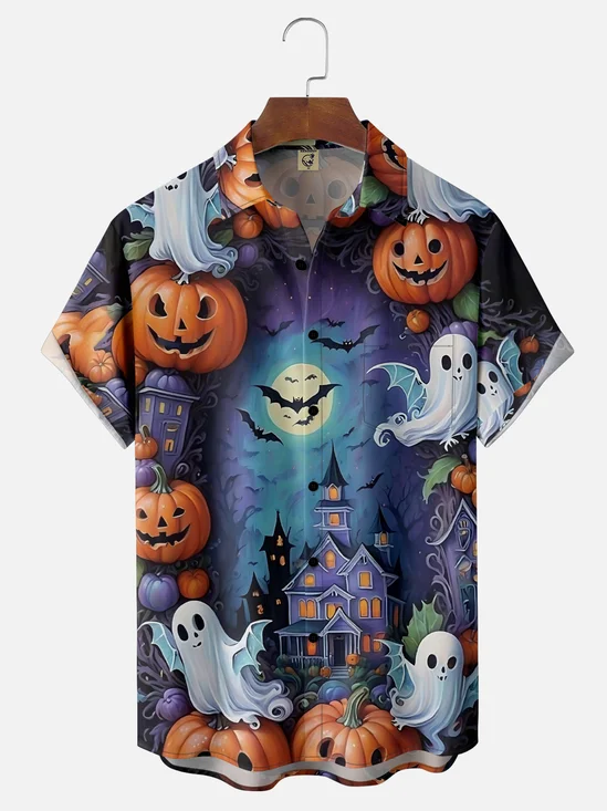 Moisture-wicking Halloween Castle Ghost Pumpkin Chest Pocket Casual Shirt