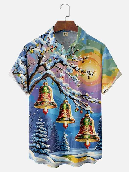 Moisture-wicking Christmas Santa Claus Jingle Bell Chest Pocket Casual Shirt