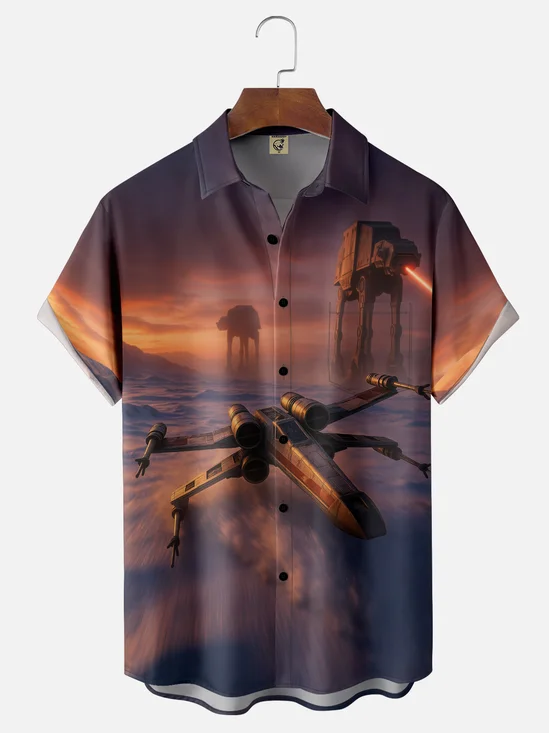 Moisture-wicking Star Spaceship Planets Chest Pocket Casual Shirt