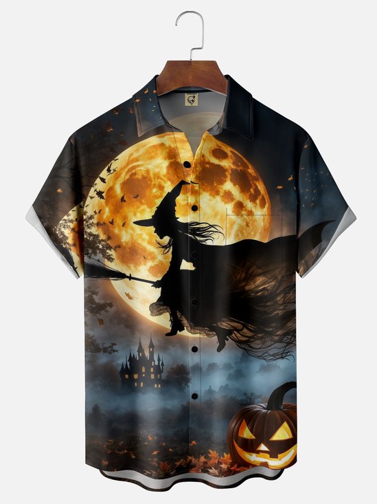 Moisture-wicking Halloween Witch Pumpkin Moon Castle Chest Pocket Casual Shirt