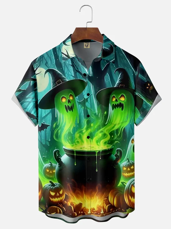 Moisture-wicking Halloween Ghost Pumpkin Fun Chest Pocket Casual Shirt
