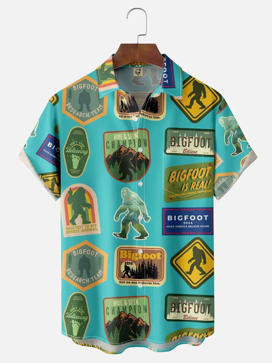 Moisture-Wicking Bigfoot Text Icon Chest Pocket Hawaiian Shirt