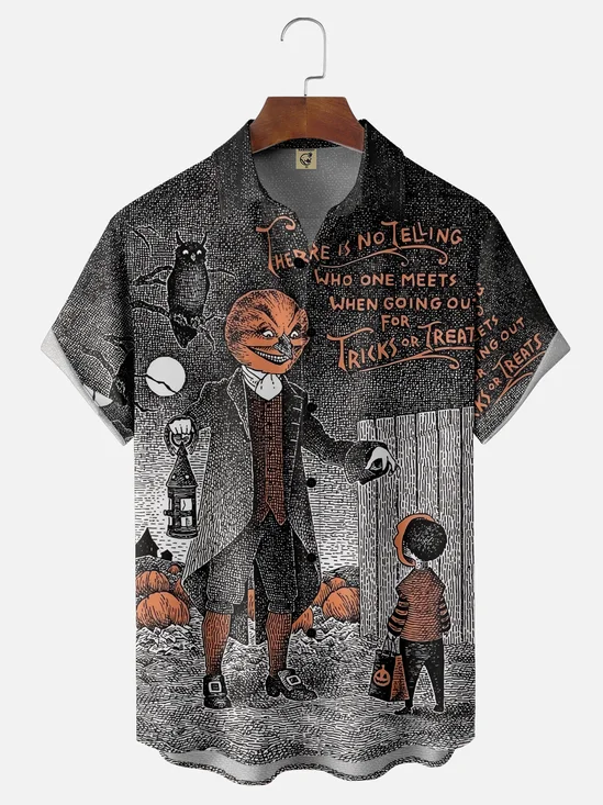 Moisture Wicking Halloween Pumpkin Ghost Chest Pocket Hawaiian Shirt
