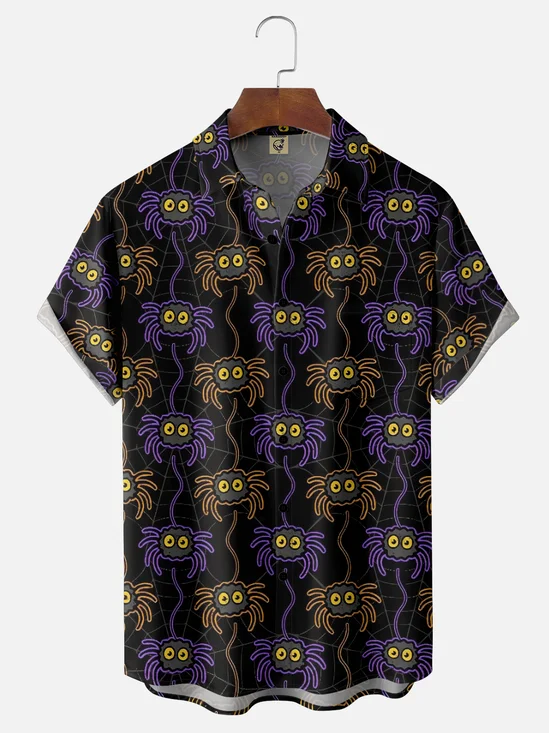 Moisture-wicking Halloween Spider Web Chest Pocket Casual Shirt