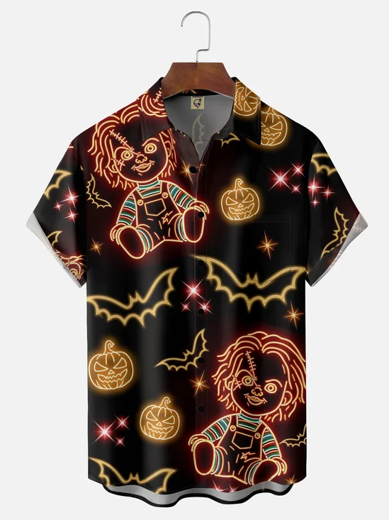 Moisture-wicking Halloween Pumpkin Scary Doll Fun Chest Pocket Casual Shirt