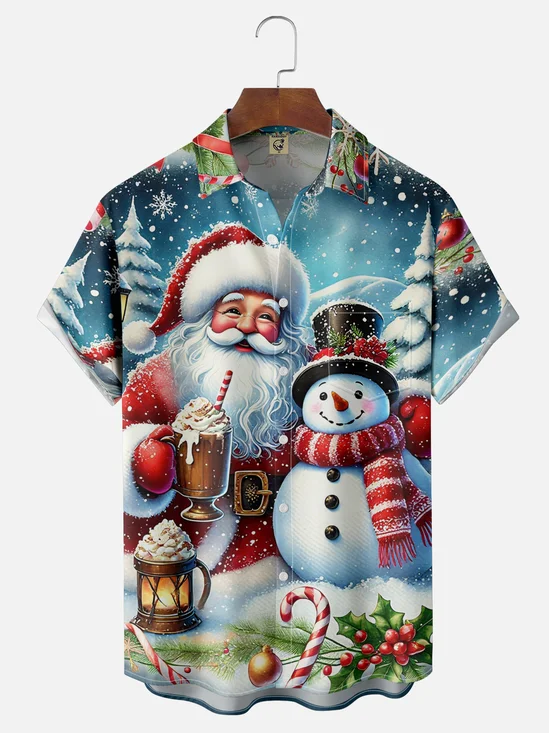 Moisture-wicking Christmas Santa Claus Chest Pocket Casual Shirt