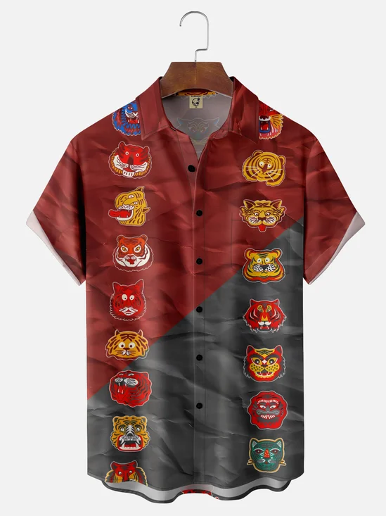 Moisture-wicking Funny Tiger and Lion Art Chest Pocket Bowling Shirt